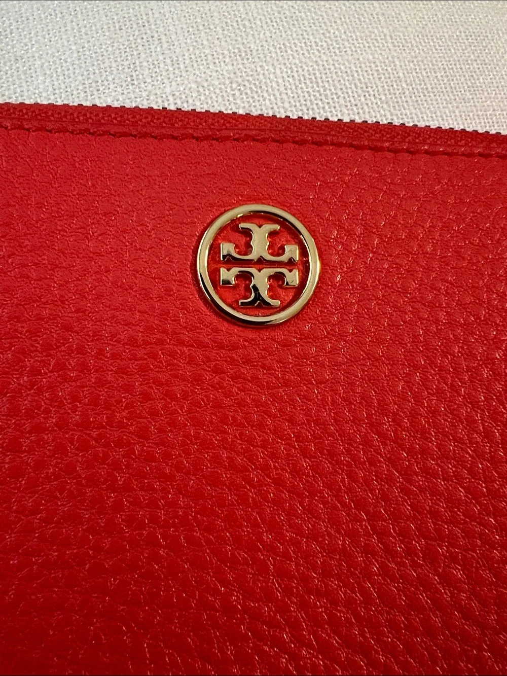 Tory Burch Red Pebbled Leather Wristlet with Gold Logo